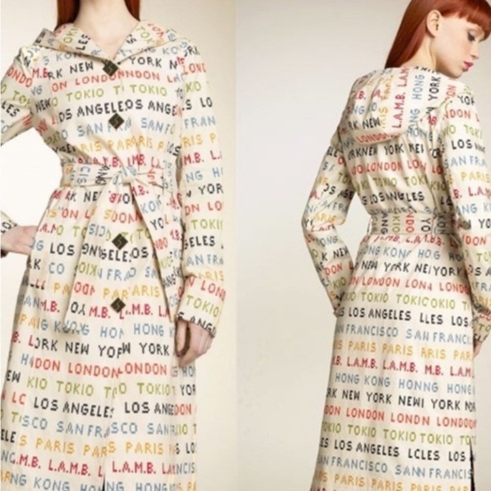 RARE L.A.M.B. Gwen Stefani "Cities" Print Hooded Trench Coat Belted Size 2